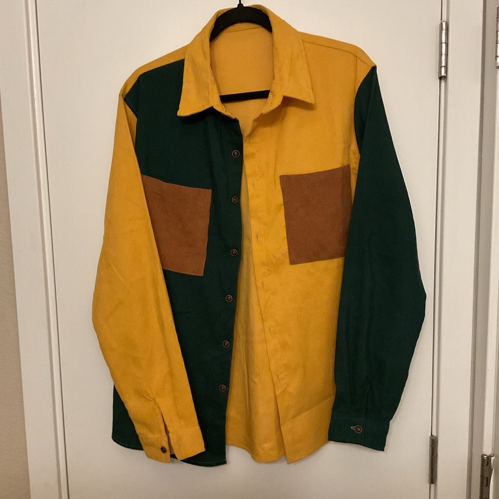 Color-block Button-Up Corduroy Shirt